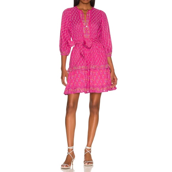 Cleobella Demi Long Sleeve Mini Dress Cotton Ditzy Magenta Floral Boho Large - Picture 2 of 10